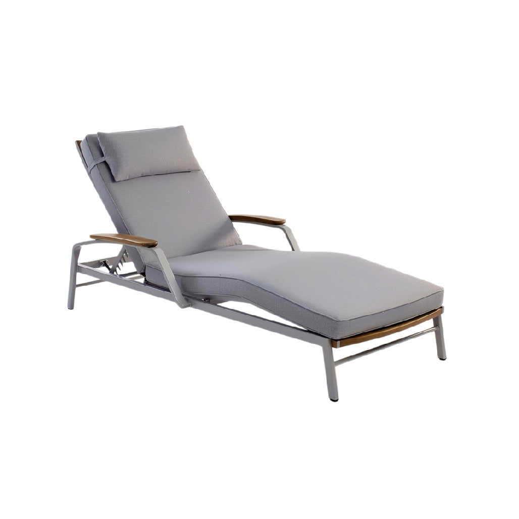 **Technische titel in het Nederlands: Moderne ligstoel met grijze stof en aluminium frame**