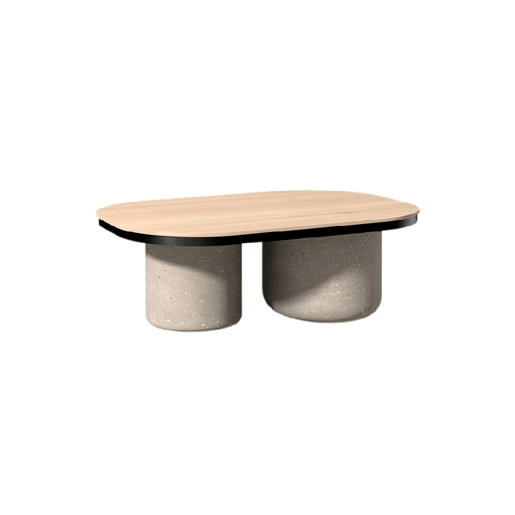 **Technische titel in het Nederlands: Moderne salontafel met een houten blad en betonnen poten**