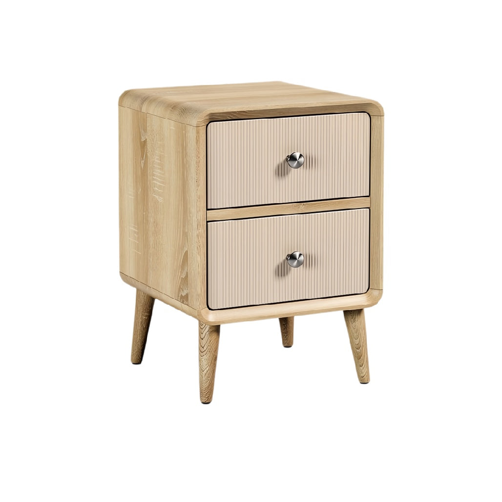 **Moderne nachtkast met twee lades in houtlook**