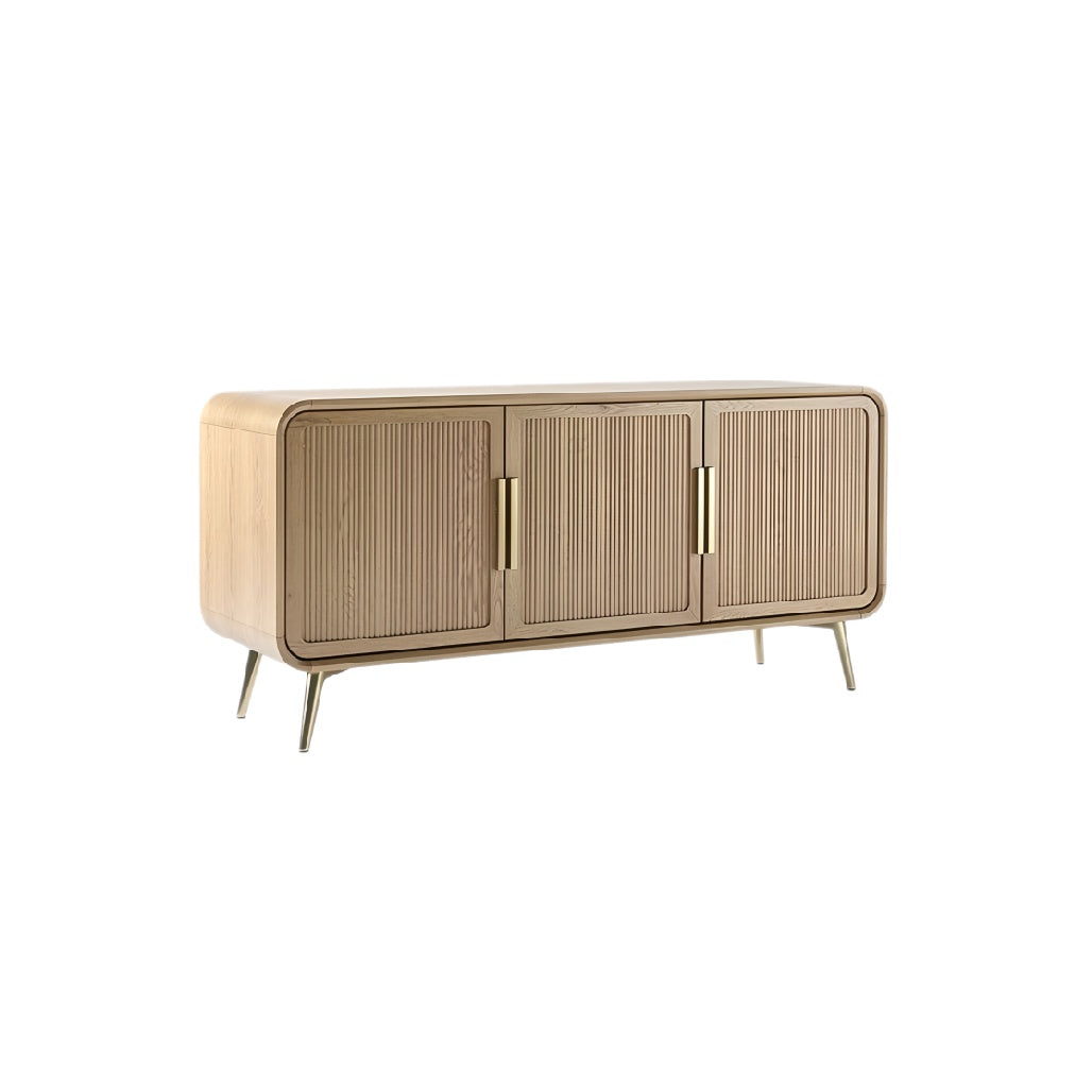 **Technische titel in het Nederlands: Retro houten dressoir met gouden handgrepen**