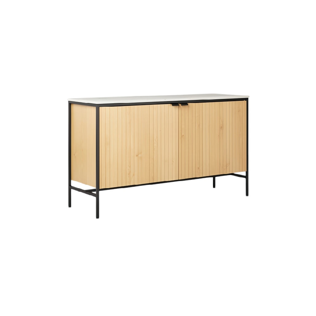 **Technische Titel in het Nederlands: Moderne zijtafel met houten afwerking en metalen frame**